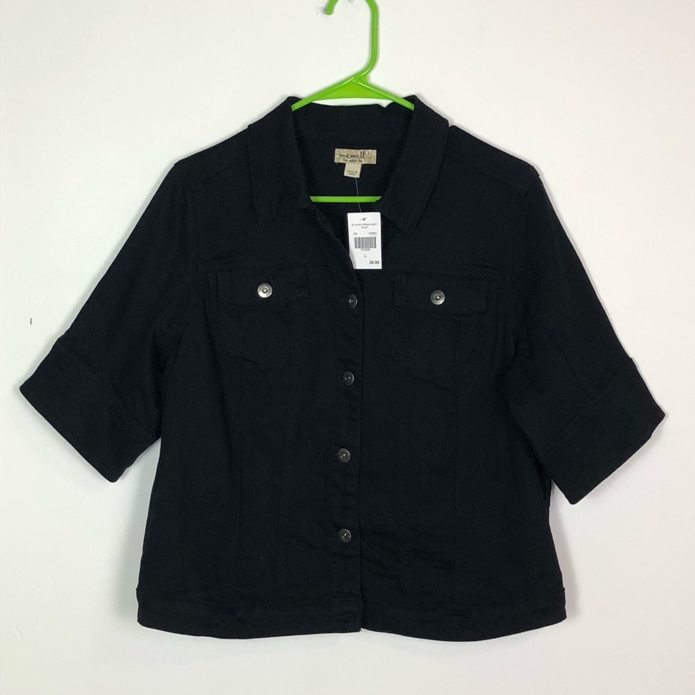 ONE WORLD Black Jean Jacket Large New With Tag Short Sleeve Elbow Length